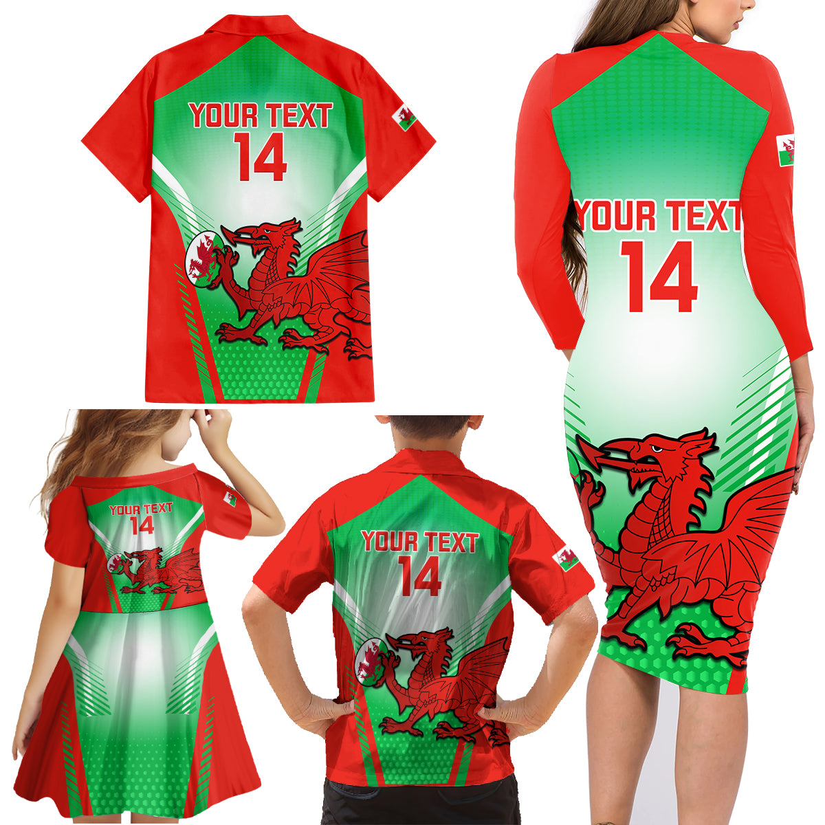 Custom Wales Rugby Family Matching Long Sleeve Bodycon Dress and Hawaiian Shirt 2023 Come On Cymru Champions World Cup - Wonder Print Shop