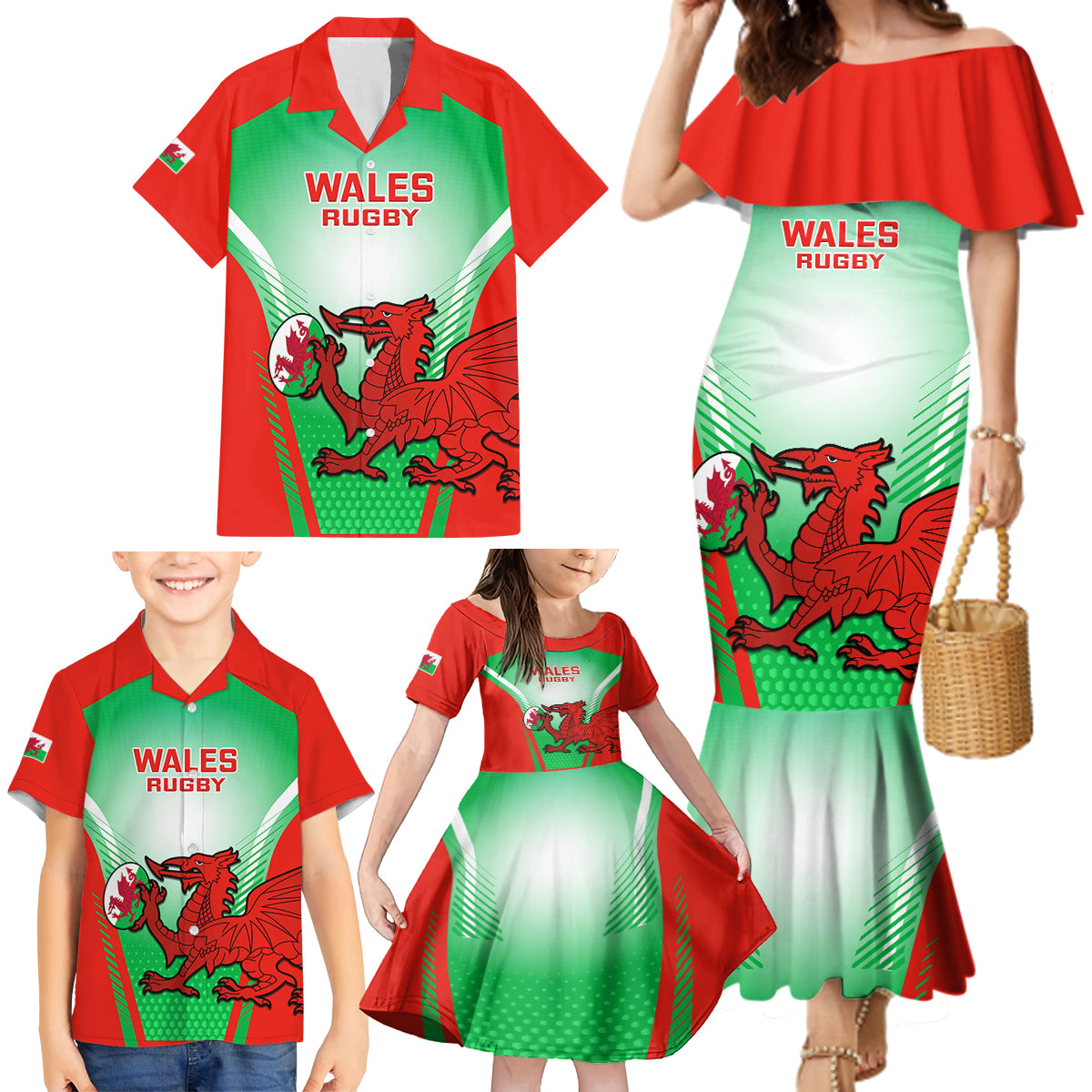 Custom Wales Rugby Family Matching Mermaid Dress and Hawaiian Shirt 2023 Come On Cymru Champions World Cup - Wonder Print Shop