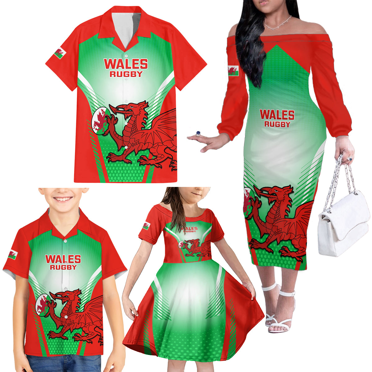 Custom Wales Rugby Family Matching Off Shoulder Long Sleeve Dress and Hawaiian Shirt 2023 Come On Cymru Champions World Cup - Wonder Print Shop