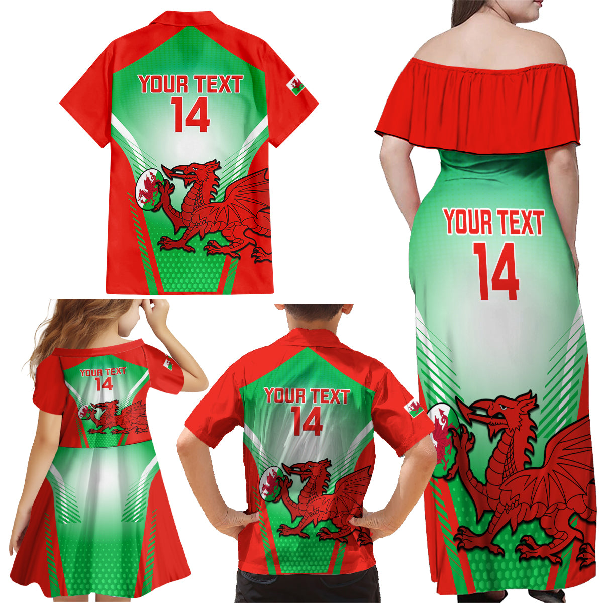 Custom Wales Rugby Family Matching Off Shoulder Maxi Dress and Hawaiian Shirt 2023 Come On Cymru Champions World Cup - Wonder Print Shop