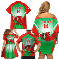 Custom Wales Rugby Family Matching Off Shoulder Short Dress and Hawaiian Shirt 2023 Come On Cymru Champions World Cup - Wonder Print Shop