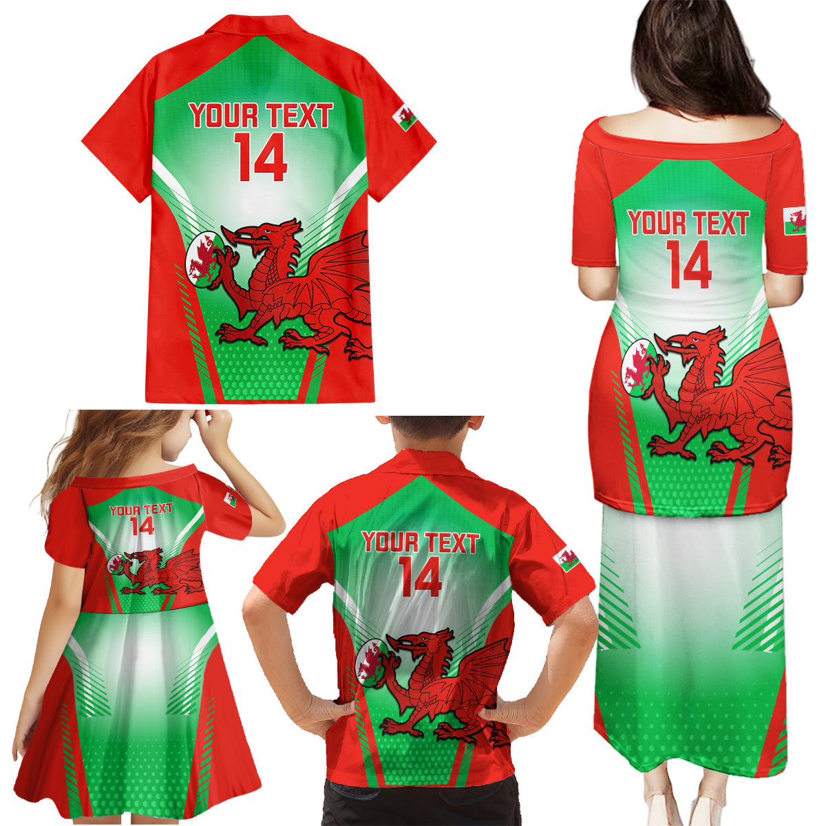 Custom Wales Rugby Family Matching Puletasi Dress and Hawaiian Shirt 2023 Come On Cymru Champions World Cup - Wonder Print Shop