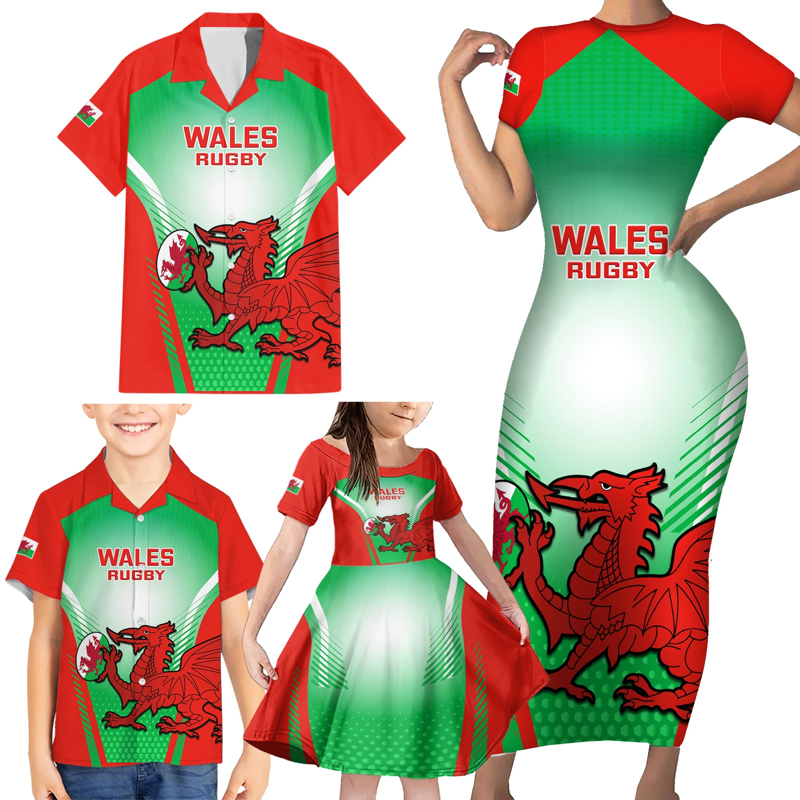 Custom Wales Rugby Family Matching Short Sleeve Bodycon Dress and Hawaiian Shirt 2023 Come On Cymru Champions World Cup - Wonder Print Shop