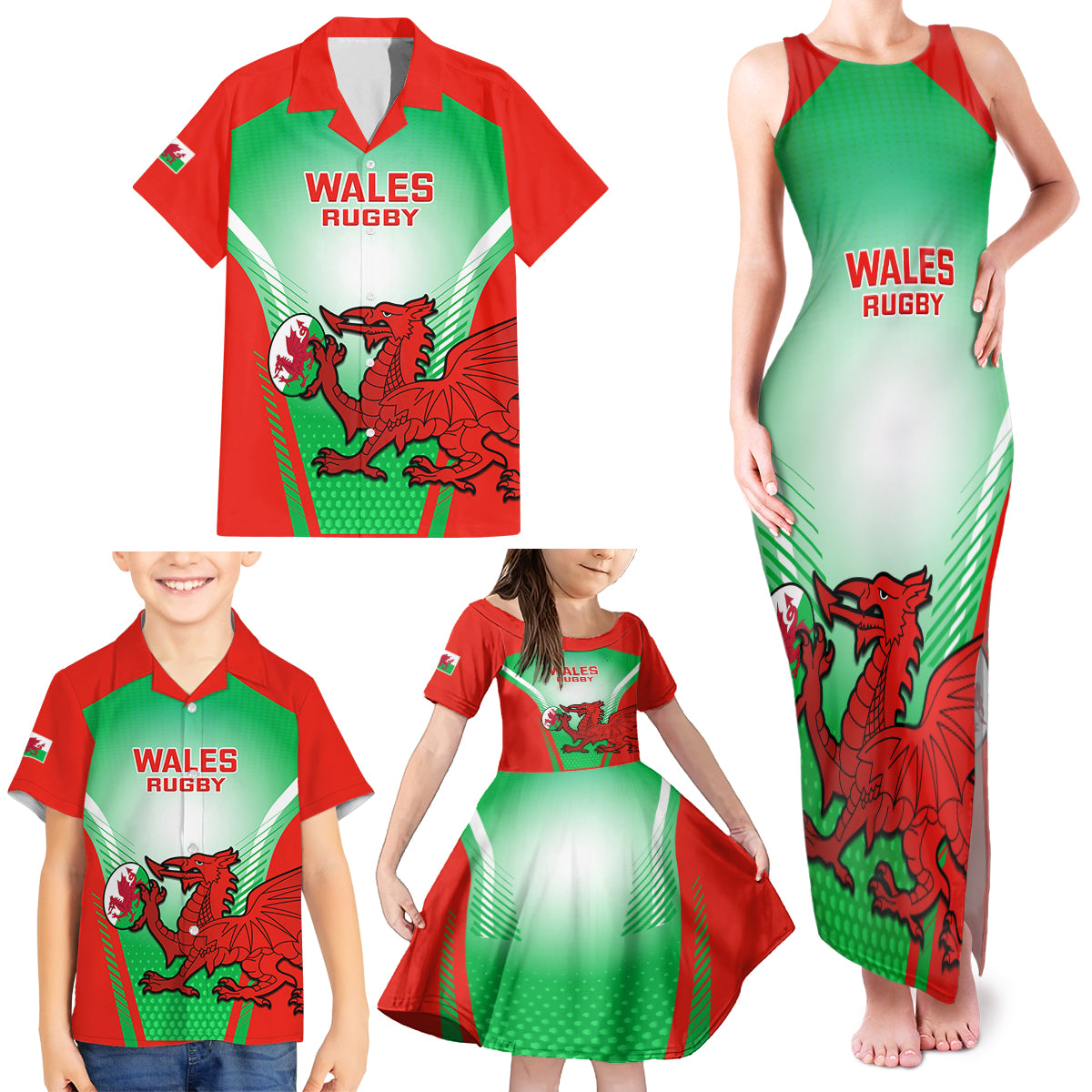 Custom Wales Rugby Family Matching Tank Maxi Dress and Hawaiian Shirt 2023 Come On Cymru Champions World Cup - Wonder Print Shop