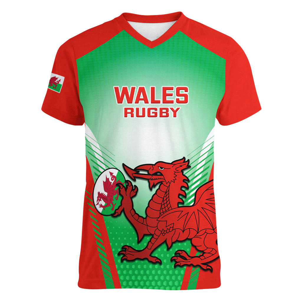 Custom Wales Rugby Women V Neck T Shirt 2023 Come On Cymru Champions World Cup - Wonder Print Shop