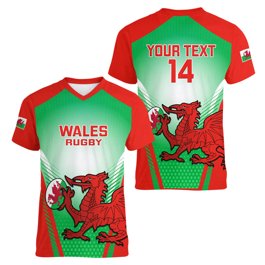Custom Wales Rugby Women V Neck T Shirt 2023 Come On Cymru Champions World Cup - Wonder Print Shop