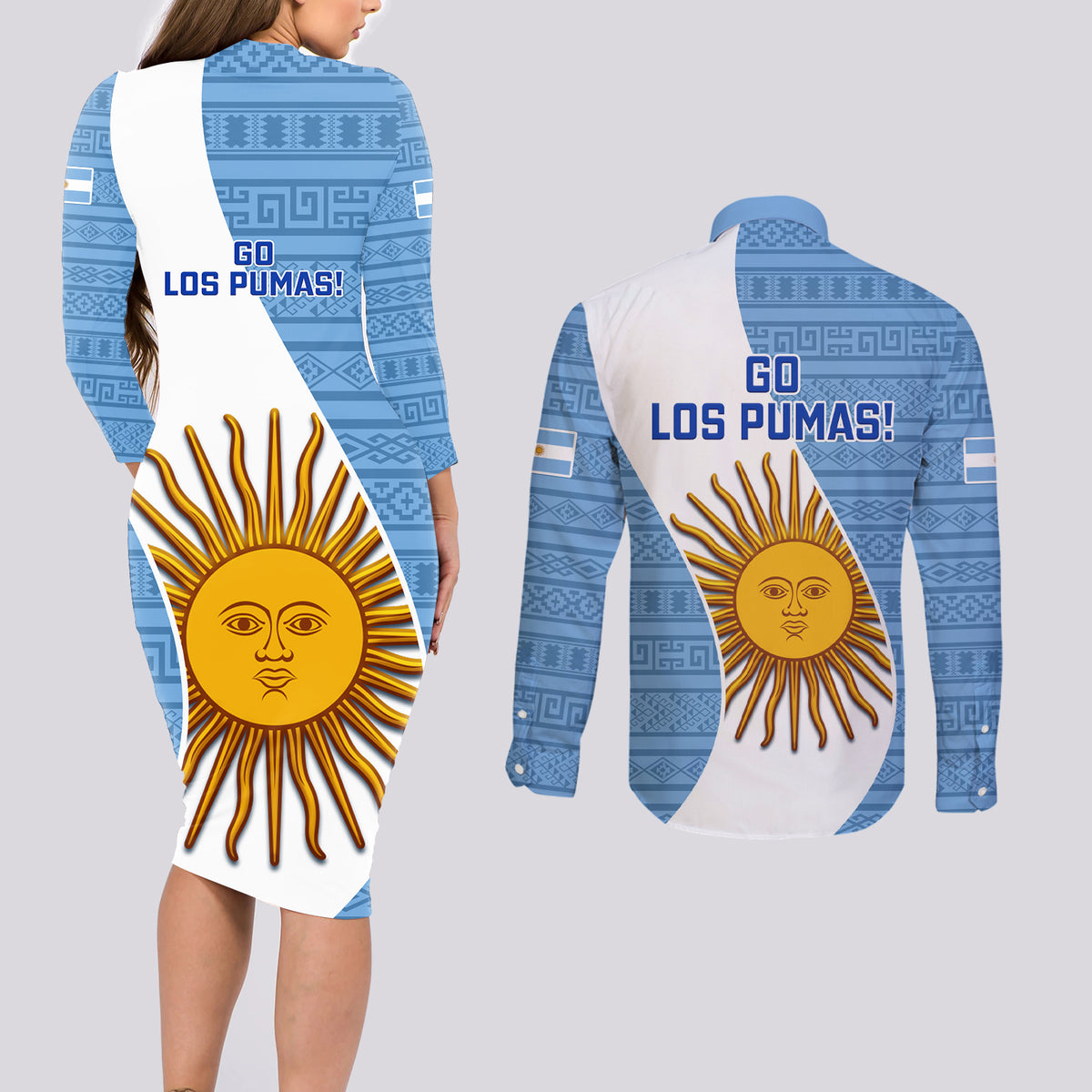 Argentina Rugby Couples Matching Long Sleeve Bodycon Dress and Long Sleeve Button Shirts 2023 Go Champions Los Pumas World Cup - Wonder Print Shop
