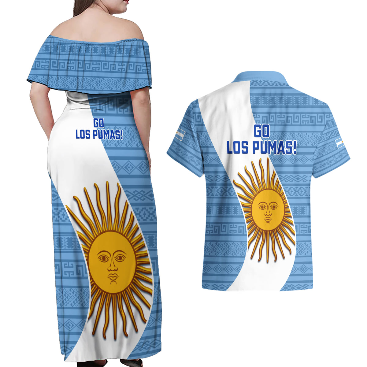 Argentina Rugby Couples Matching Off Shoulder Maxi Dress and Hawaiian Shirt 2023 Go Champions Los Pumas World Cup - Wonder Print Shop