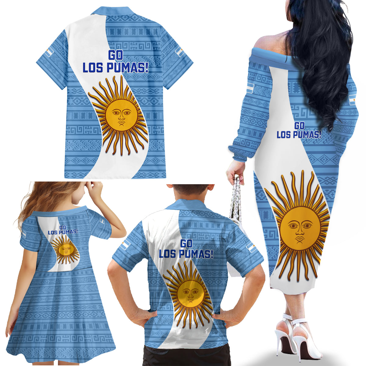 Argentina Rugby Family Matching Off Shoulder Long Sleeve Dress and Hawaiian Shirt 2023 Go Champions Los Pumas World Cup - Wonder Print Shop