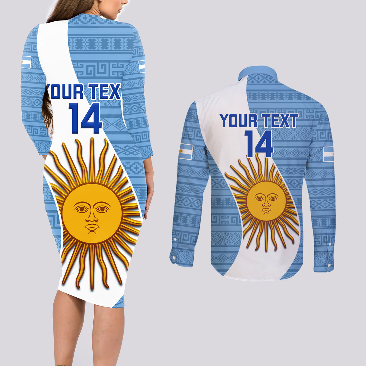 Custom Argentina Rugby Couples Matching Long Sleeve Bodycon Dress and Long Sleeve Button Shirts 2023 Go Champions Los Pumas World Cup - Wonder Print Shop