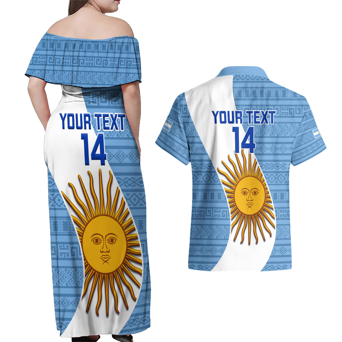 Custom Argentina Rugby Couples Matching Off Shoulder Maxi Dress and Hawaiian Shirt 2023 Go Champions Los Pumas World Cup - Wonder Print Shop