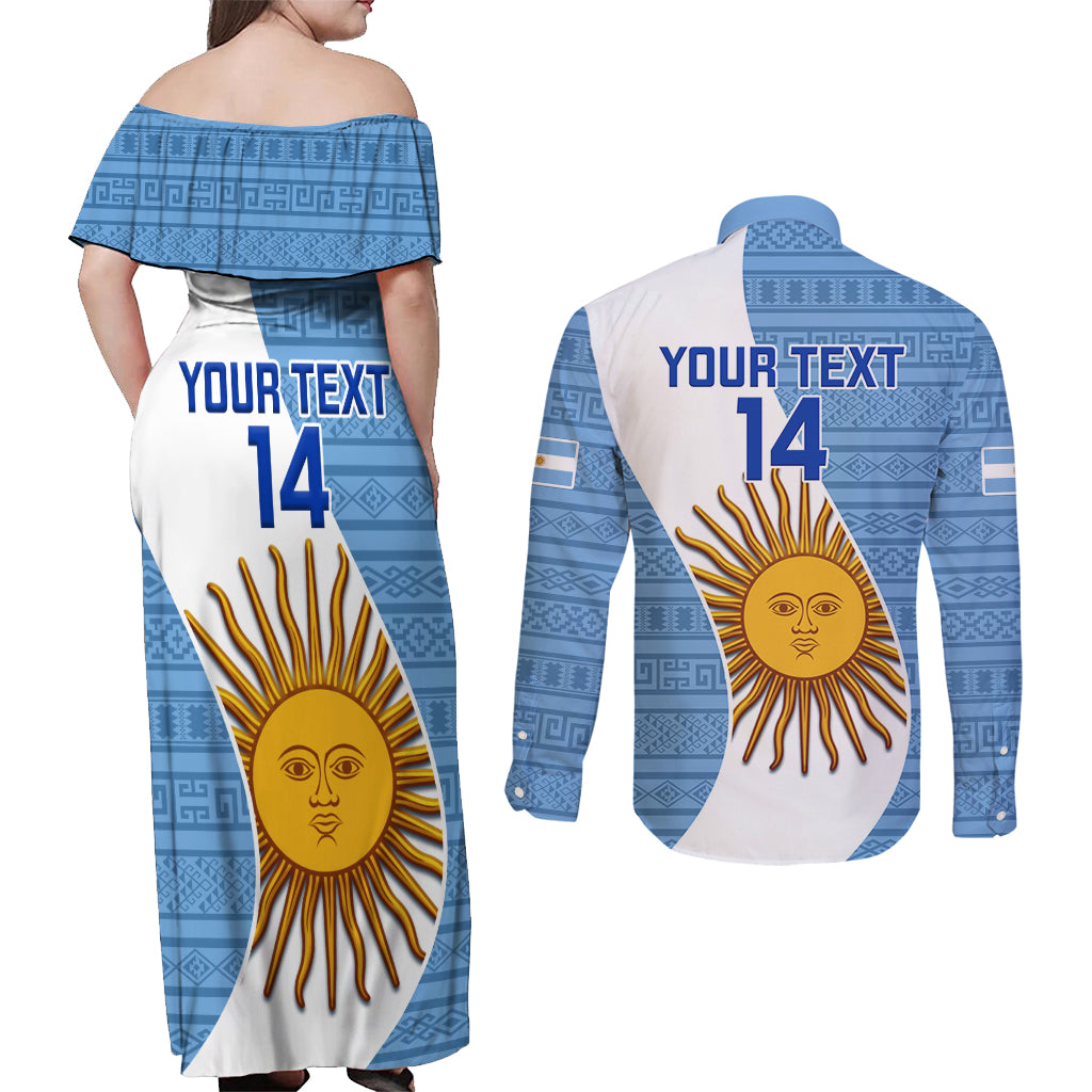 Custom Argentina Rugby Couples Matching Off Shoulder Maxi Dress and Long Sleeve Button Shirts 2023 Go Champions Los Pumas World Cup - Wonder Print Shop