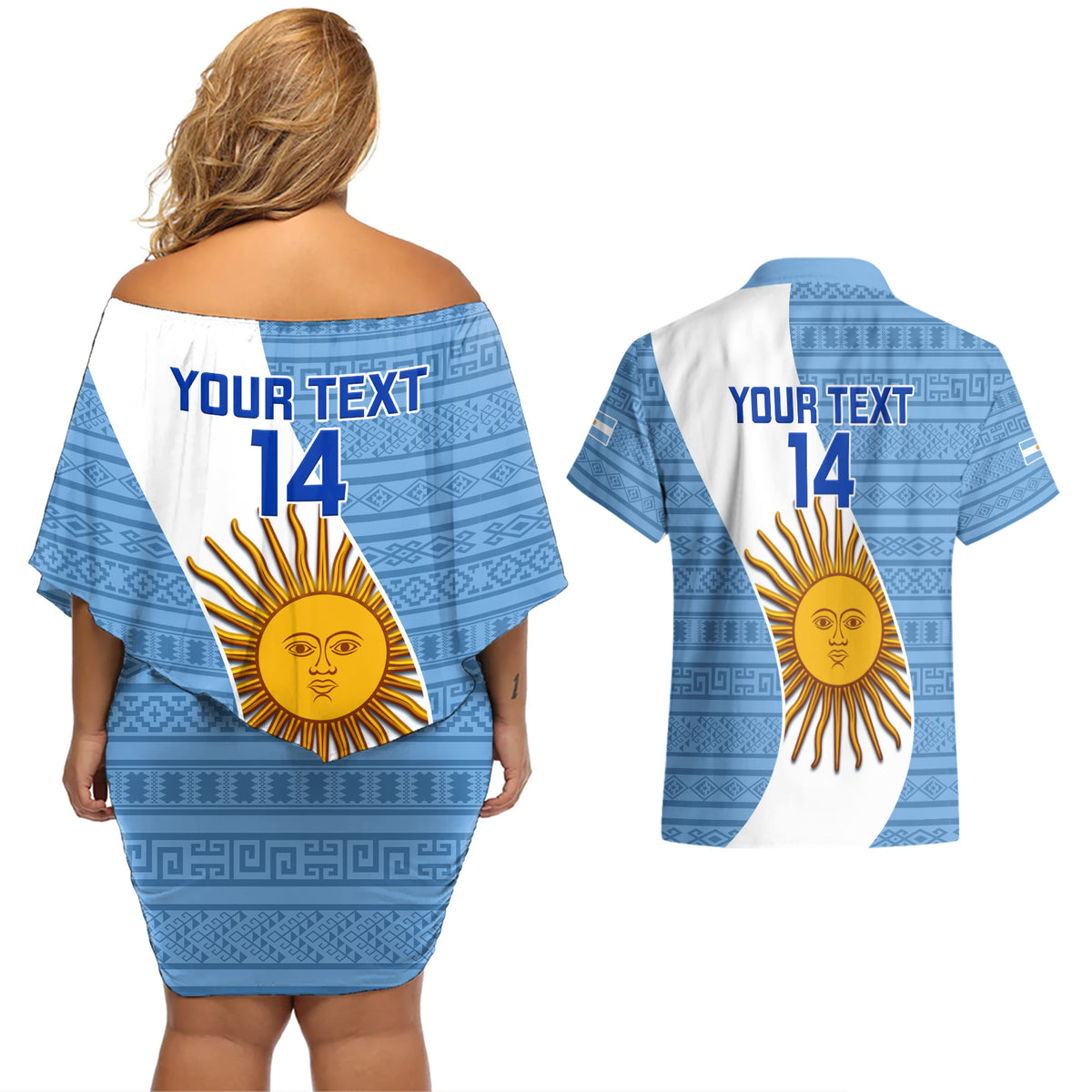 Custom Argentina Rugby Couples Matching Off Shoulder Short Dress and Hawaiian Shirt 2023 Go Champions Los Pumas World Cup - Wonder Print Shop
