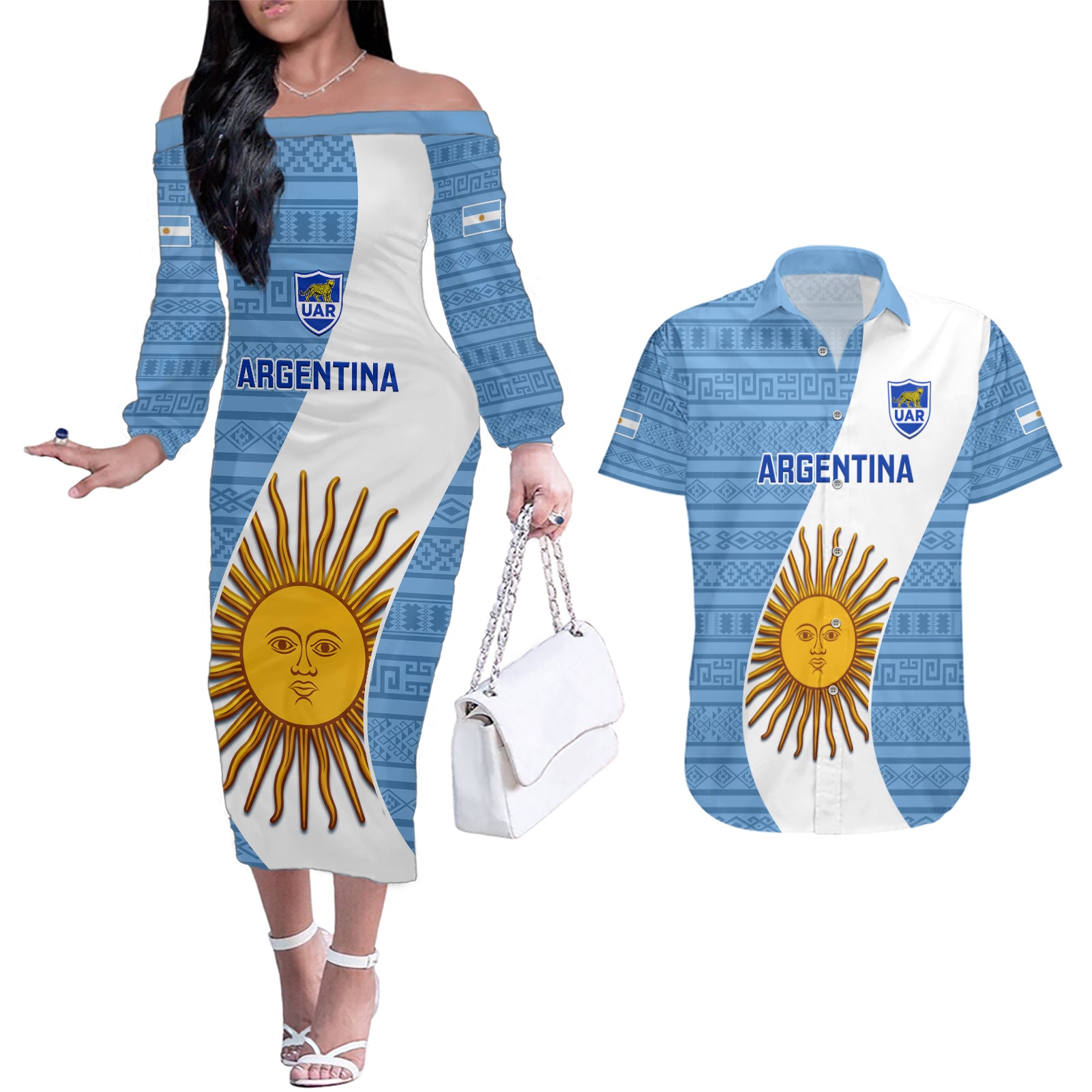 Custom Argentina Rugby Couples Matching Off The Shoulder Long Sleeve Dress and Hawaiian Shirt 2023 Go Champions Los Pumas World Cup - Wonder Print Shop
