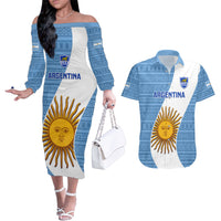 Custom Argentina Rugby Couples Matching Off The Shoulder Long Sleeve Dress and Hawaiian Shirt 2023 Go Champions Los Pumas World Cup - Wonder Print Shop