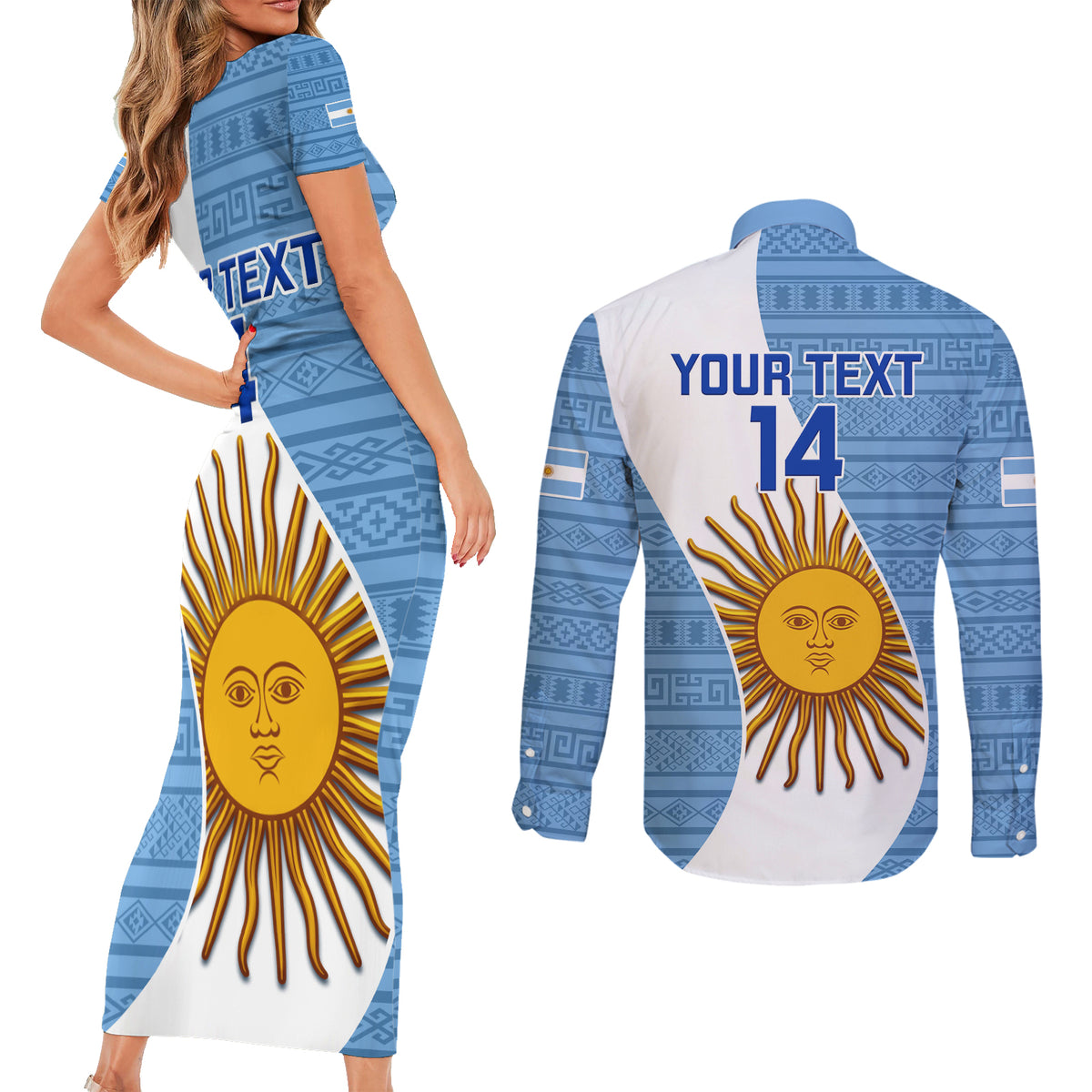 Custom Argentina Rugby Couples Matching Short Sleeve Bodycon Dress and Long Sleeve Button Shirts 2023 Go Champions Los Pumas World Cup - Wonder Print Shop