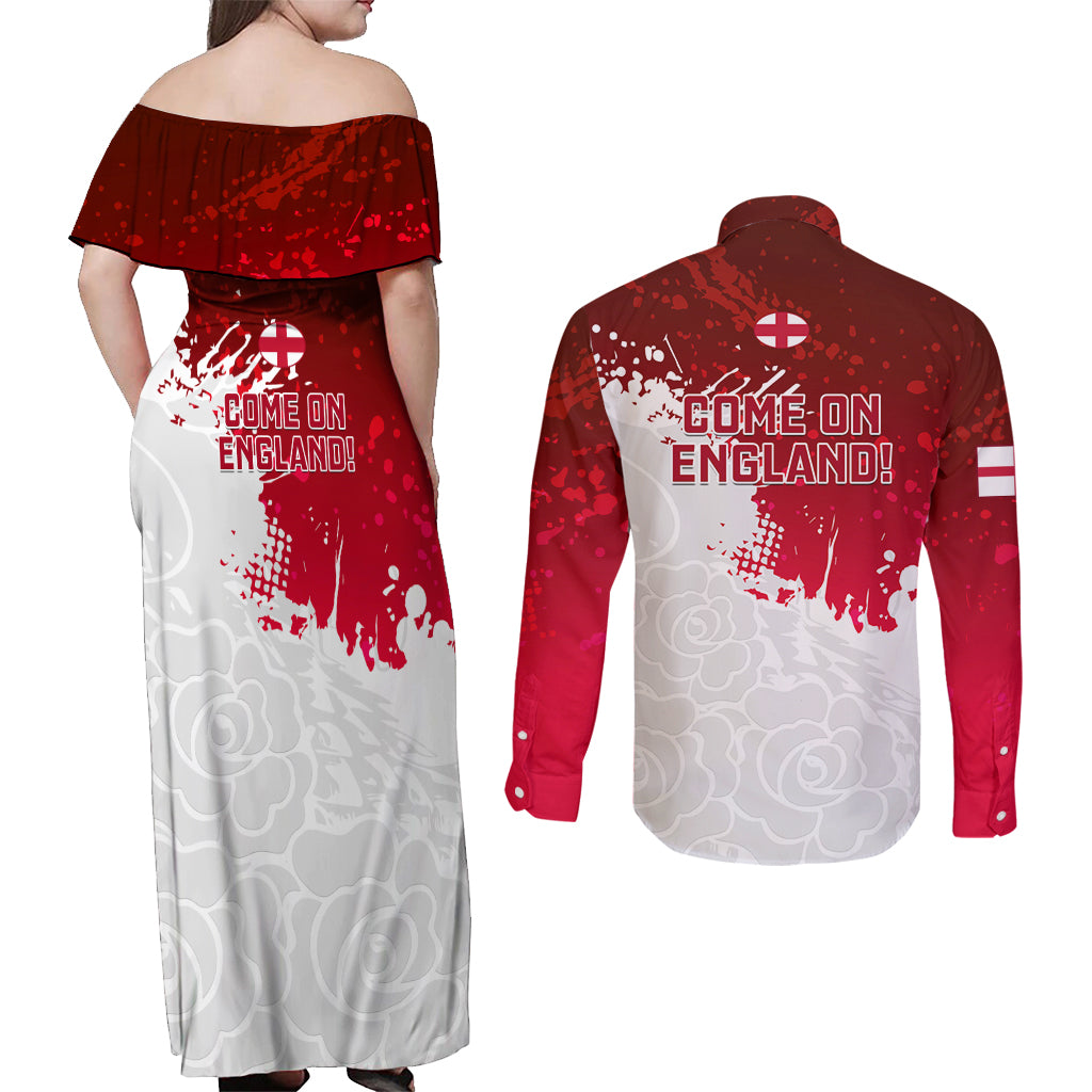 England Rugby Couples Matching Off Shoulder Maxi Dress and Long Sleeve Button Shirts 2023 Go Champions World Cup Red Rose - Wonder Print Shop