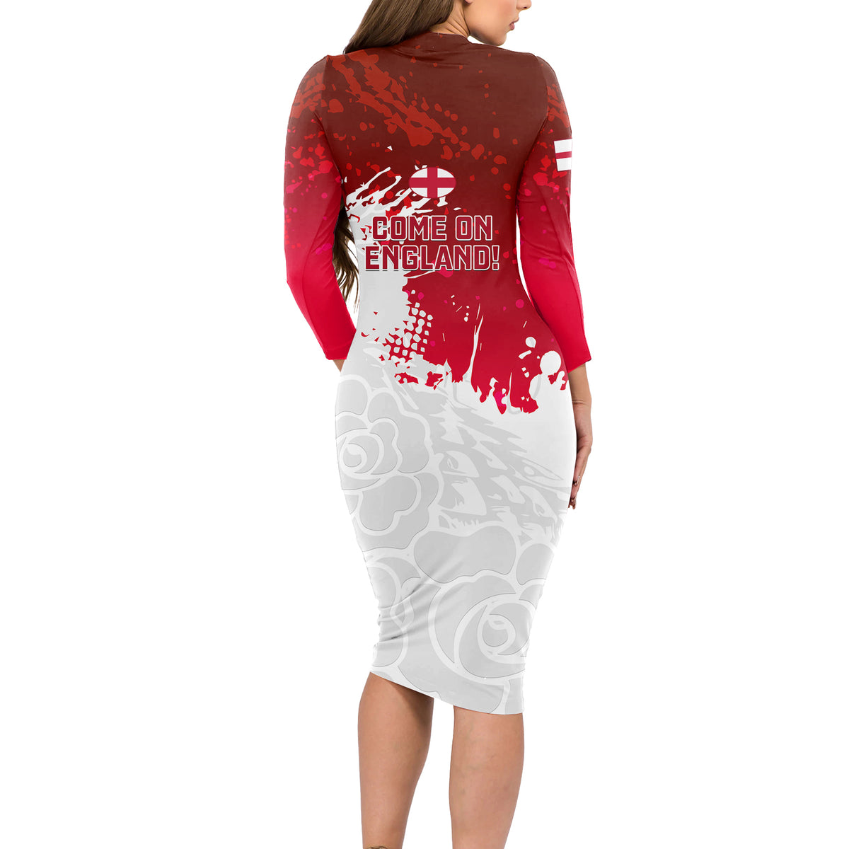 England Rugby Long Sleeve Bodycon Dress 2023 Go Champions World Cup Red Rose - Wonder Print Shop