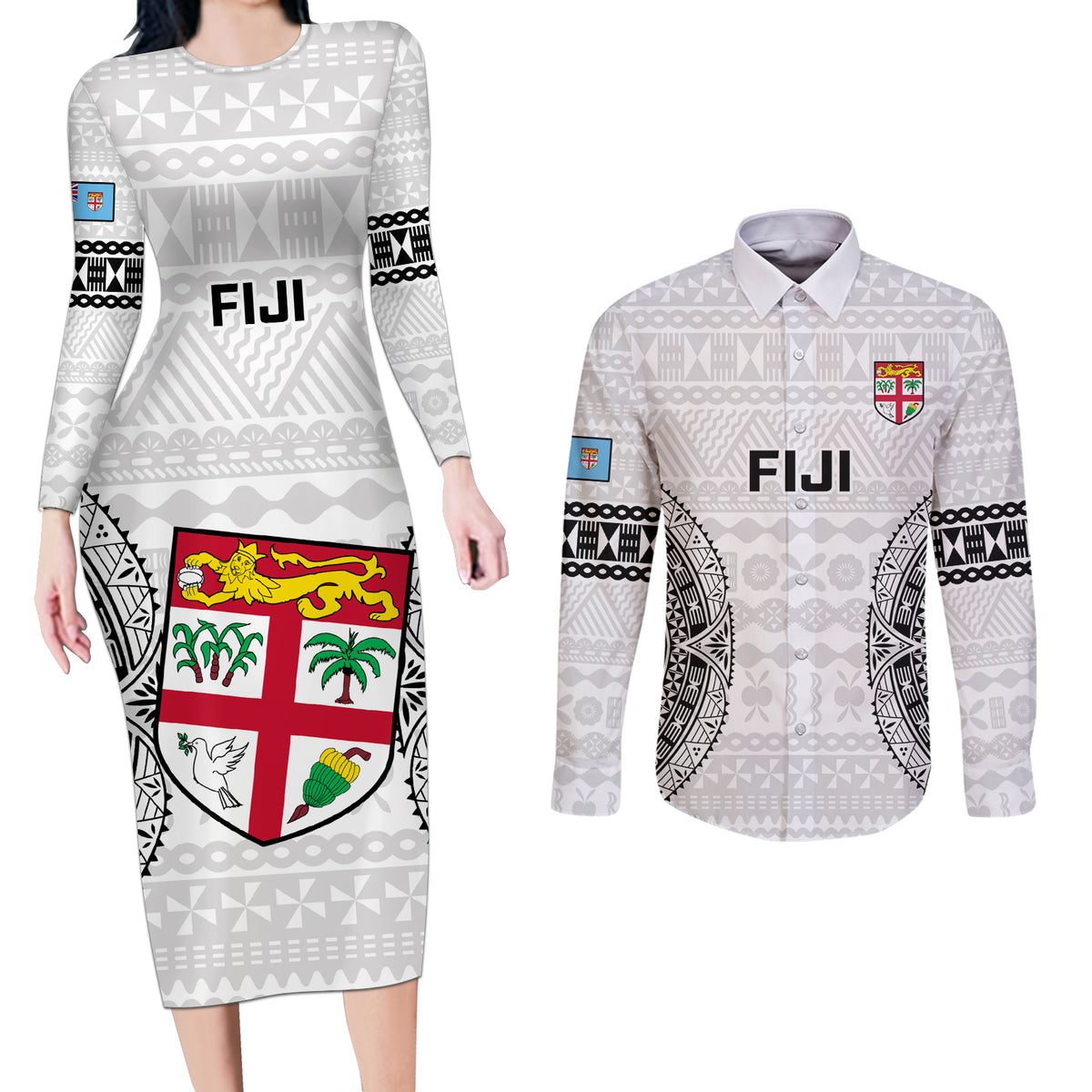 Fiji Rugby Couples Matching Long Sleeve Bodycon Dress and Long Sleeve Button Shirts 2023 Go Champions World Cup Fijian Tapa Pattern - Wonder Print Shop