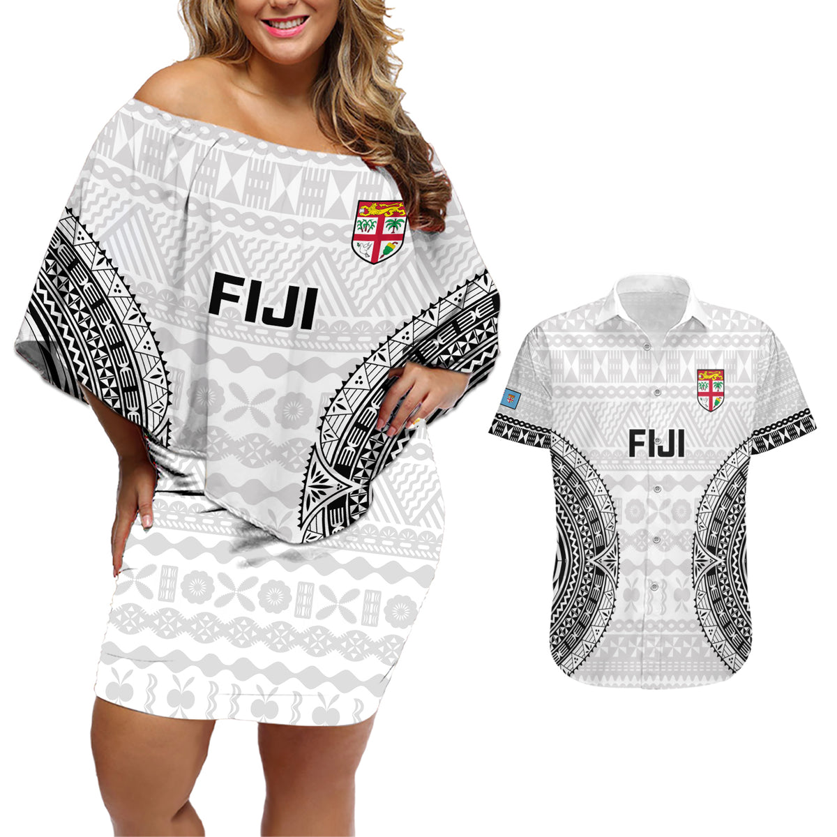 Fiji Rugby Couples Matching Off Shoulder Short Dress and Hawaiian Shirt 2023 Go Champions World Cup Fijian Tapa Pattern - Wonder Print Shop