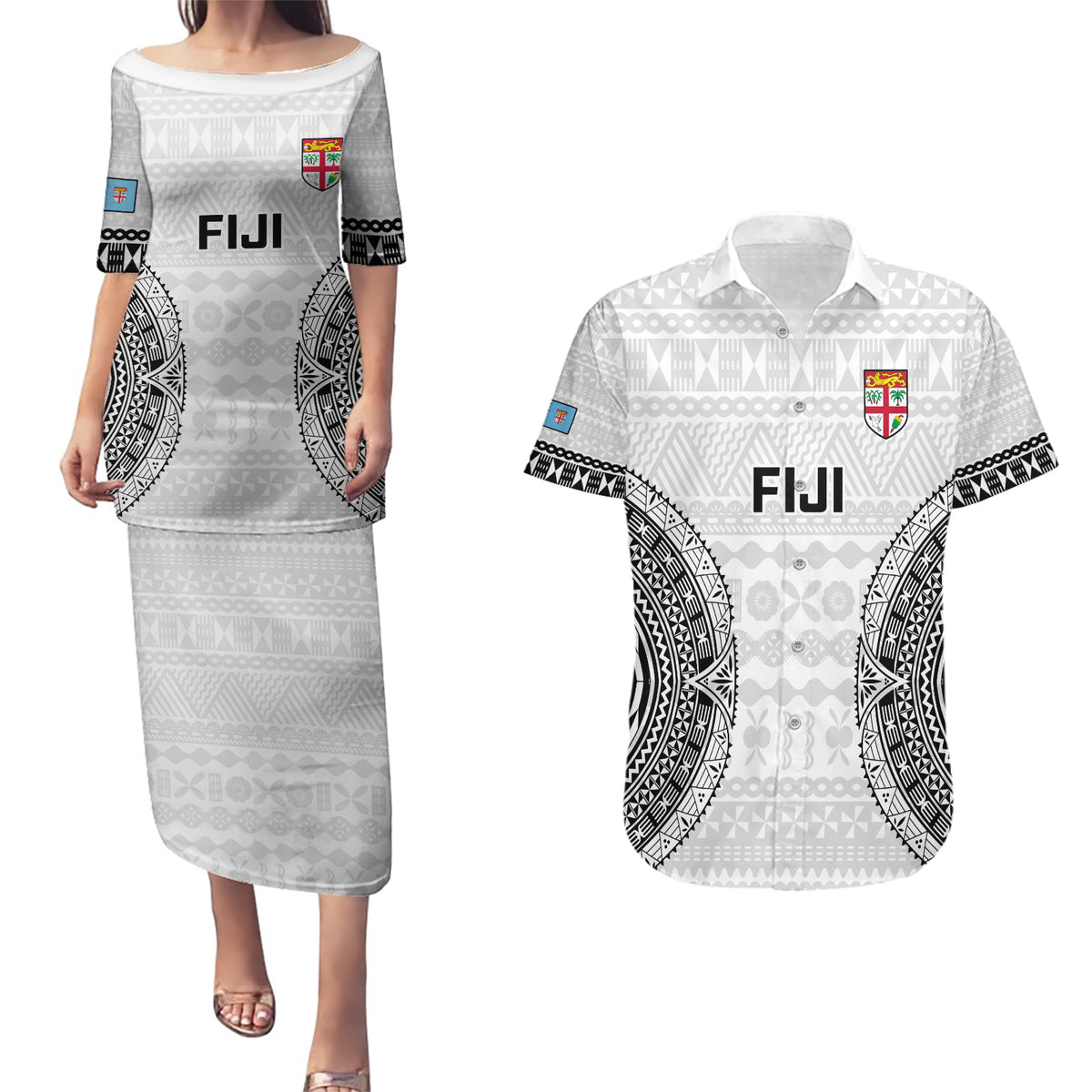 Fiji Rugby Couples Matching Puletasi Dress and Hawaiian Shirt 2023 Go Champions World Cup Fijian Tapa Pattern - Wonder Print Shop