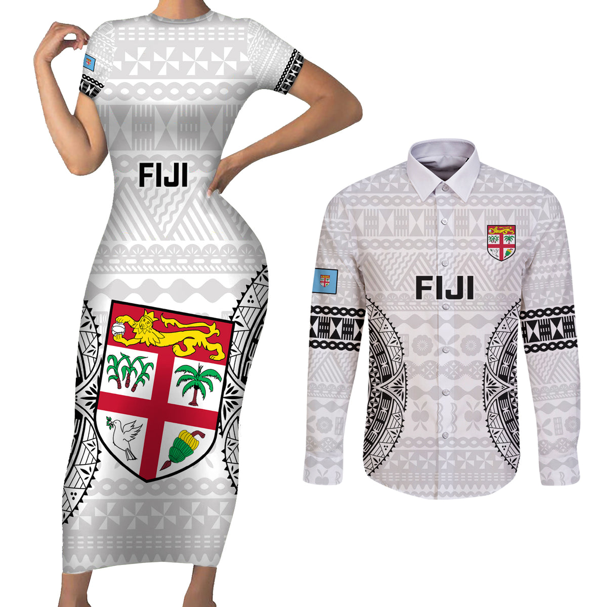 Fiji Rugby Couples Matching Short Sleeve Bodycon Dress and Long Sleeve Button Shirts 2023 Go Champions World Cup Fijian Tapa Pattern - Wonder Print Shop