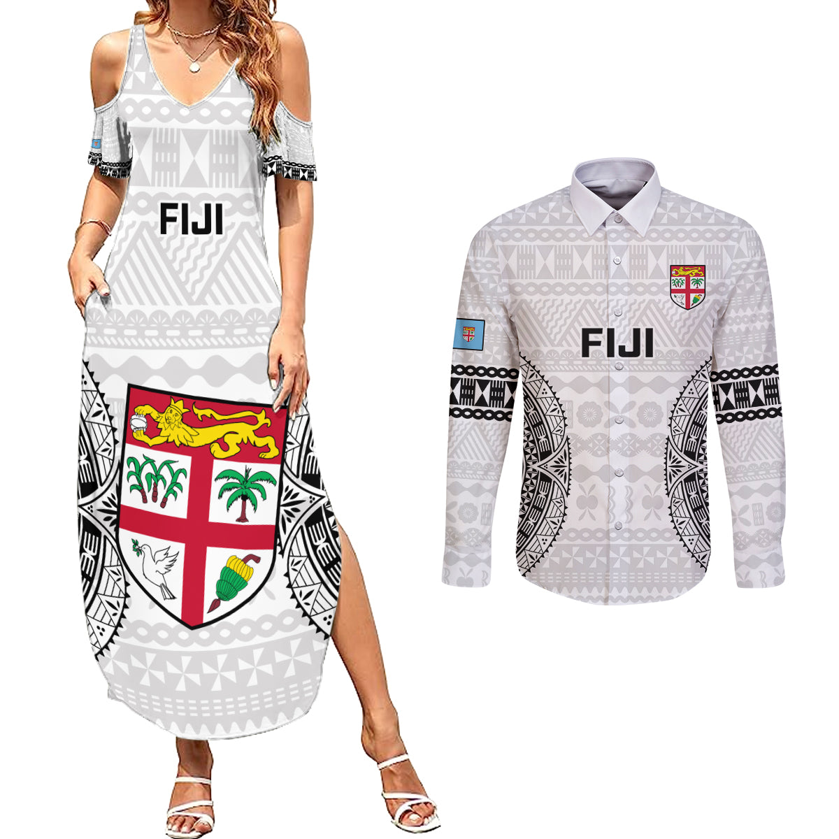 Fiji Rugby Couples Matching Summer Maxi Dress and Long Sleeve Button Shirts 2023 Go Champions World Cup Fijian Tapa Pattern - Wonder Print Shop