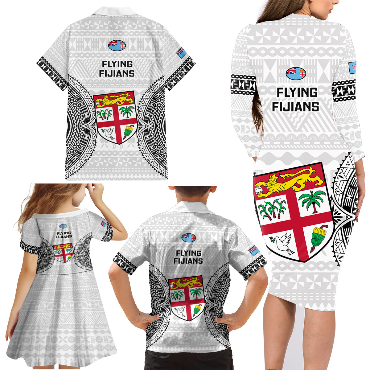 Fiji Rugby Family Matching Long Sleeve Bodycon Dress and Hawaiian Shirt 2023 Go Champions World Cup Fijian Tapa Pattern - Wonder Print Shop