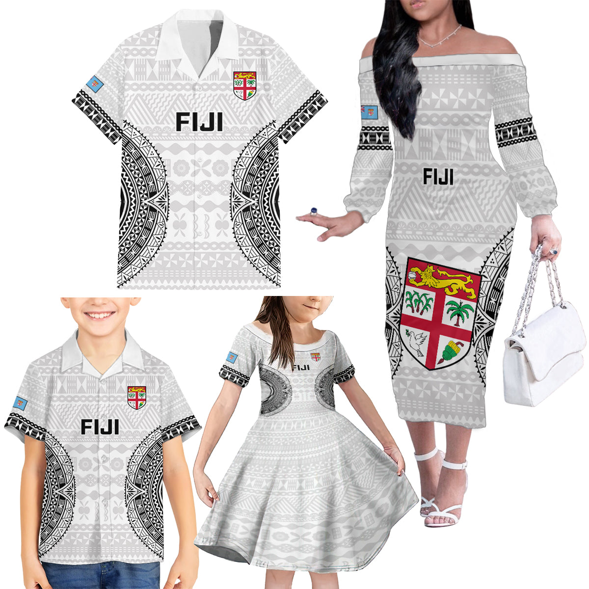 Fiji Rugby Family Matching Off Shoulder Long Sleeve Dress and Hawaiian Shirt 2023 Go Champions World Cup Fijian Tapa Pattern - Wonder Print Shop
