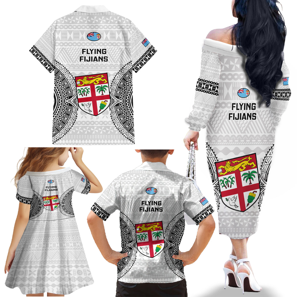 Fiji Rugby Family Matching Off Shoulder Long Sleeve Dress and Hawaiian Shirt 2023 Go Champions World Cup Fijian Tapa Pattern - Wonder Print Shop