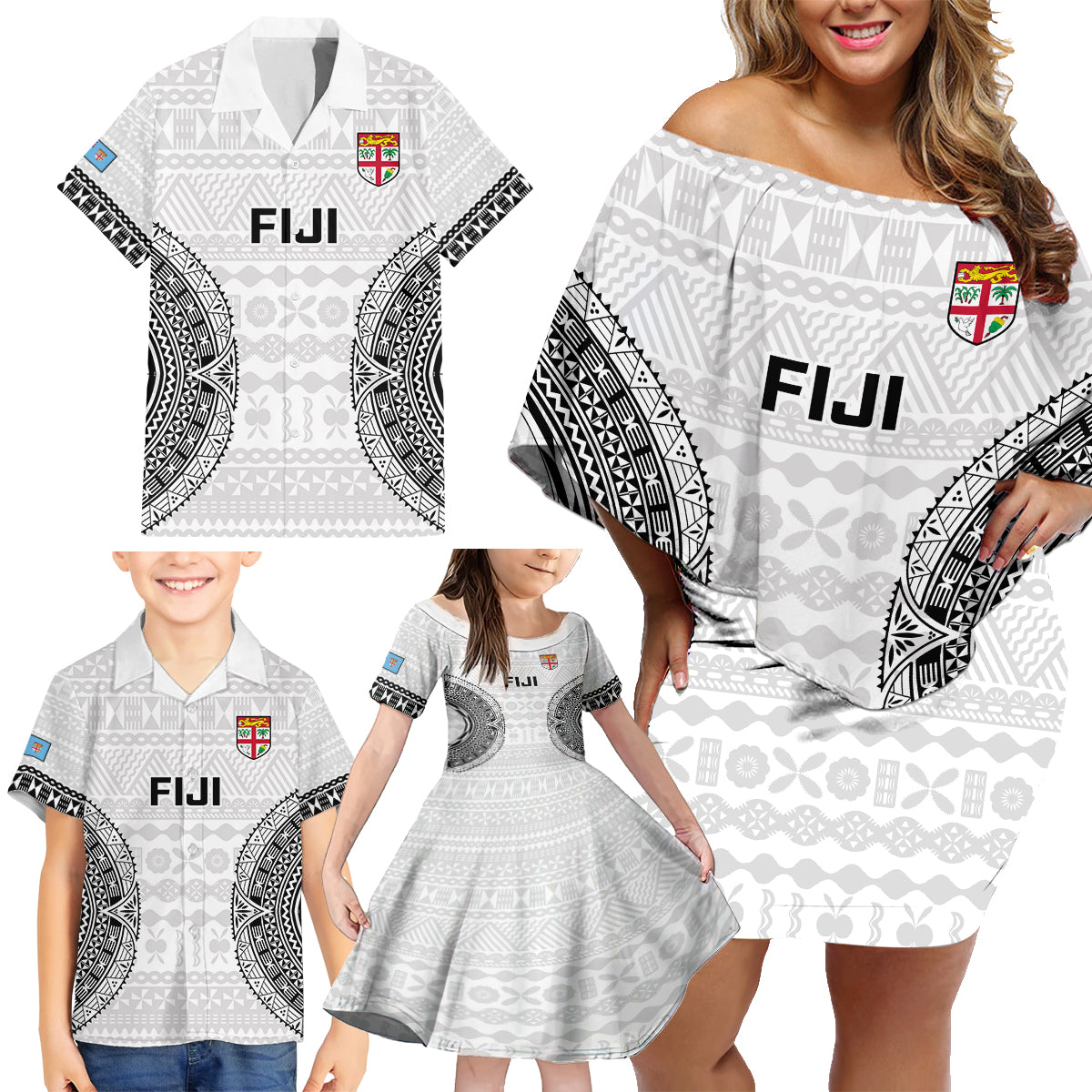 Fiji Rugby Family Matching Off Shoulder Short Dress and Hawaiian Shirt 2023 Go Champions World Cup Fijian Tapa Pattern - Wonder Print Shop