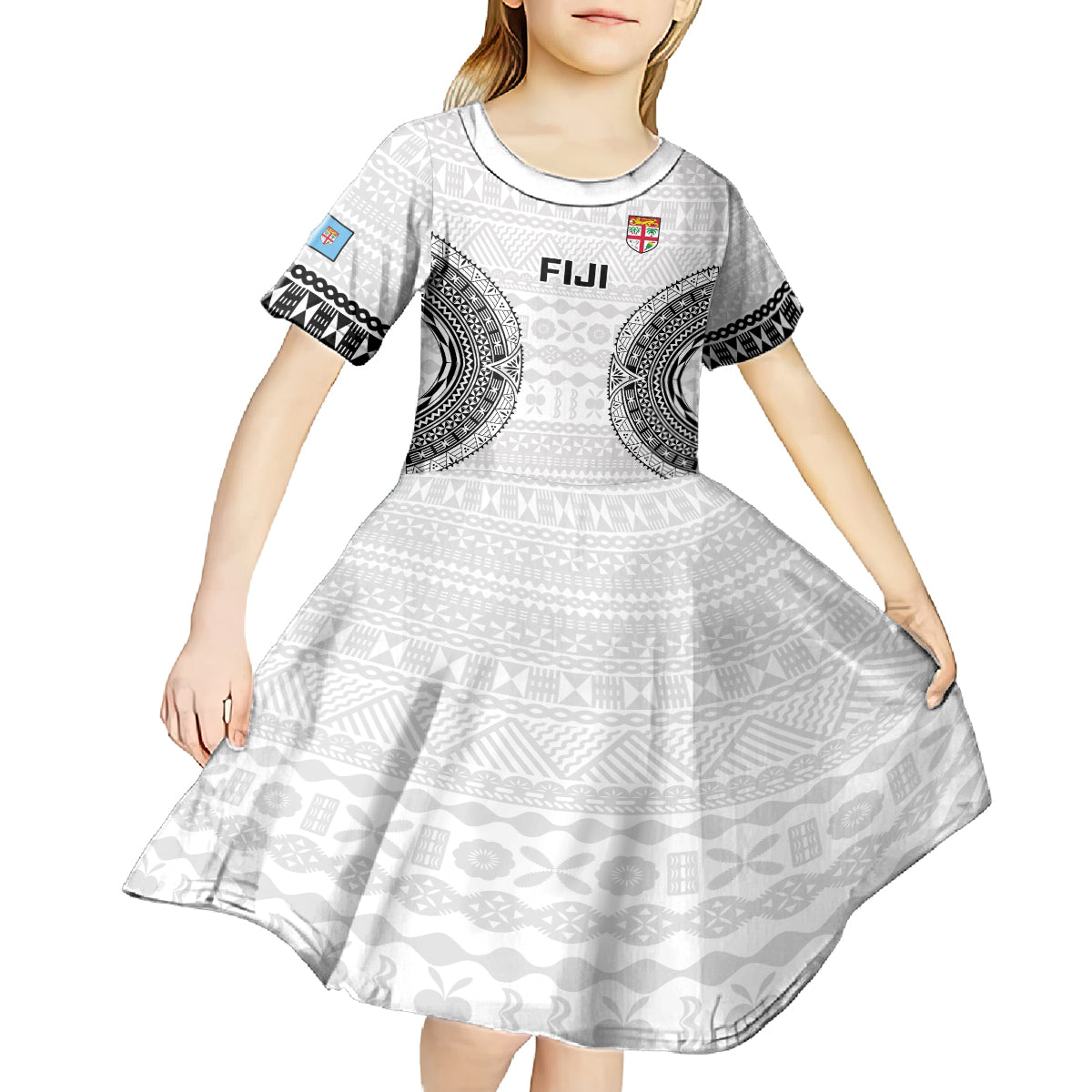 Fiji Rugby Kid Short Sleeve Dress 2023 Go Champions World Cup Fijian Tapa Pattern - Wonder Print Shop