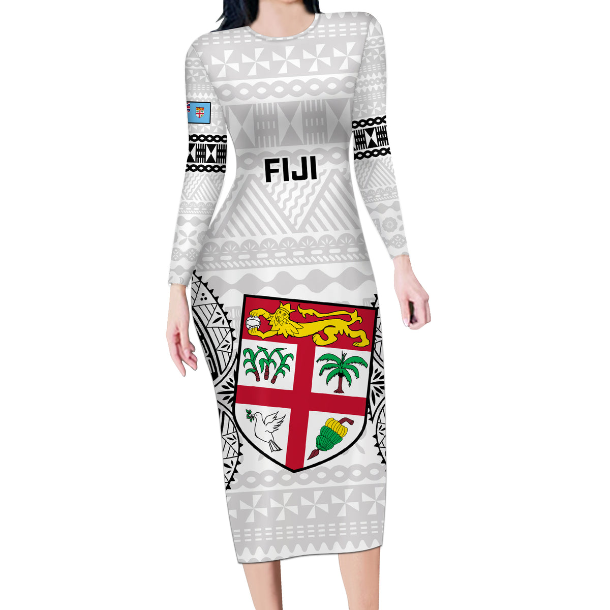 Fiji Rugby Long Sleeve Bodycon Dress 2023 Go Champions World Cup Fijian Tapa Pattern - Wonder Print Shop