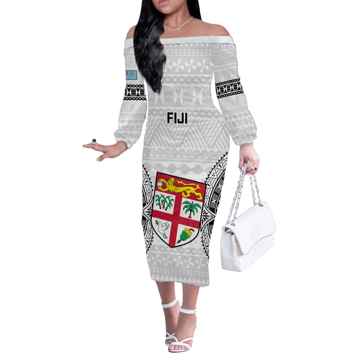 Custom Fiji Rugby Off The Shoulder Long Sleeve Dress 2023 Go Champions World Cup Fijian Tapa Pattern - Wonder Print Shop