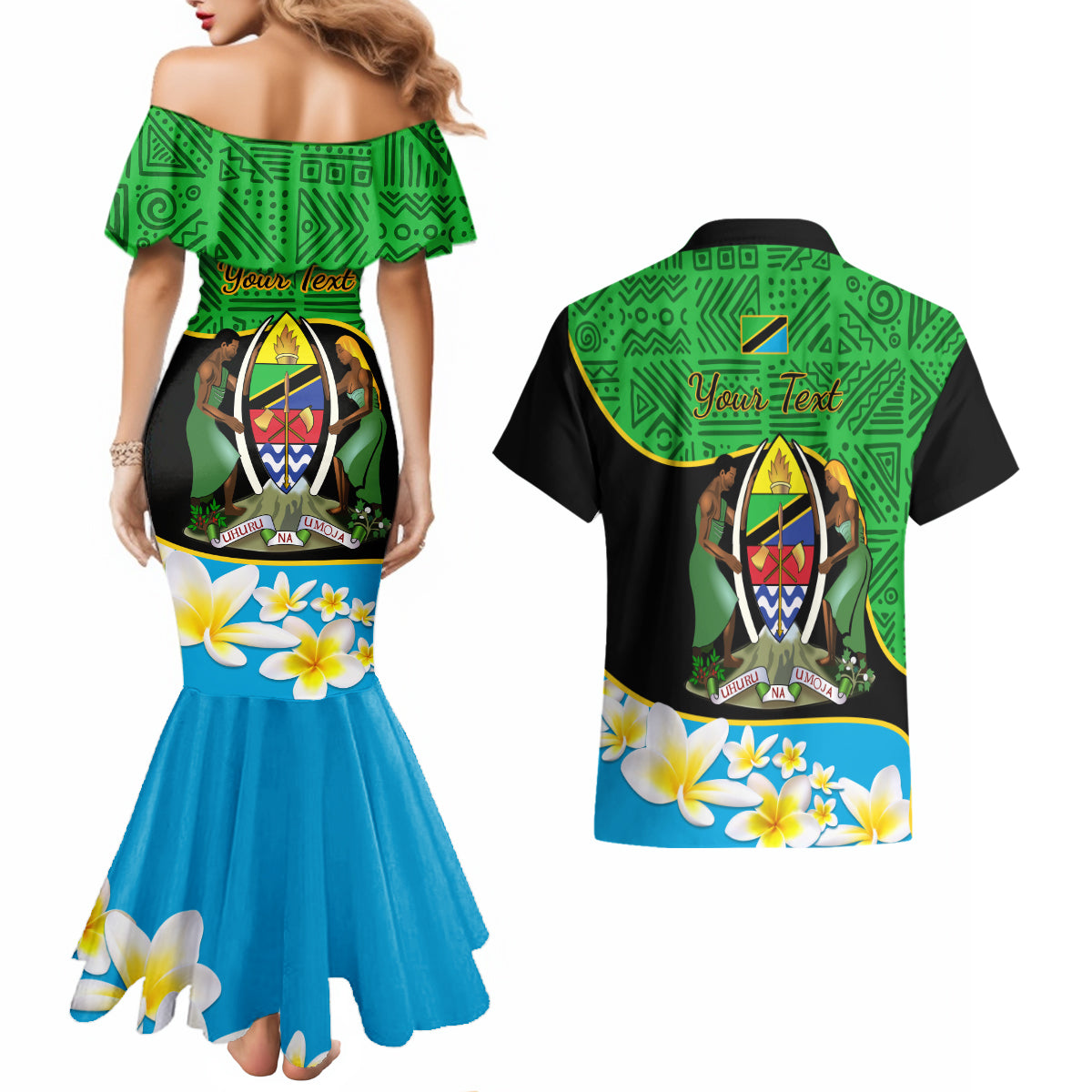 Personalised Tanzania Independence Day Couples Matching Mermaid Dress and Hawaiian Shirt Heri ya Siku ya Uhuru African Pattern - Wonder Print Shop