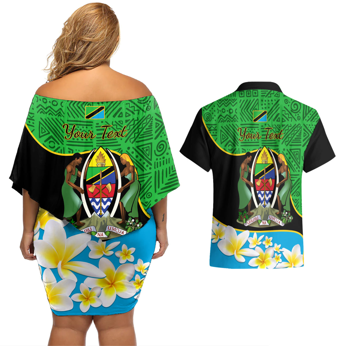 Personalised Tanzania Independence Day Couples Matching Off Shoulder Short Dress and Hawaiian Shirt Heri ya Siku ya Uhuru African Pattern - Wonder Print Shop