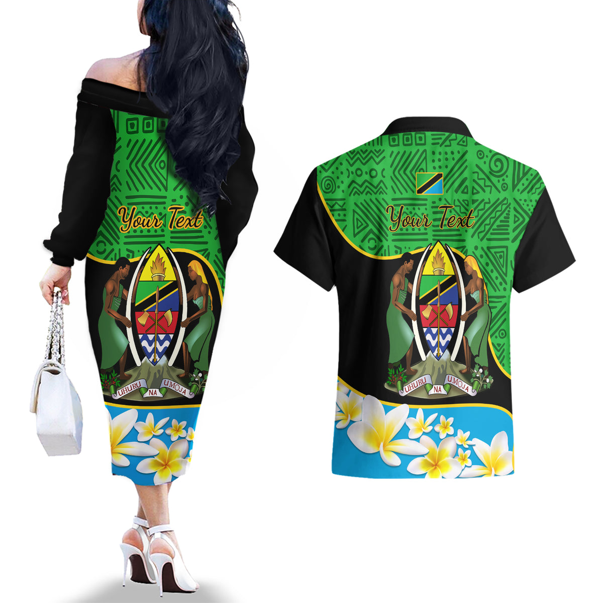 Personalised Tanzania Independence Day Couples Matching Off The Shoulder Long Sleeve Dress and Hawaiian Shirt Heri ya Siku ya Uhuru African Pattern - Wonder Print Shop