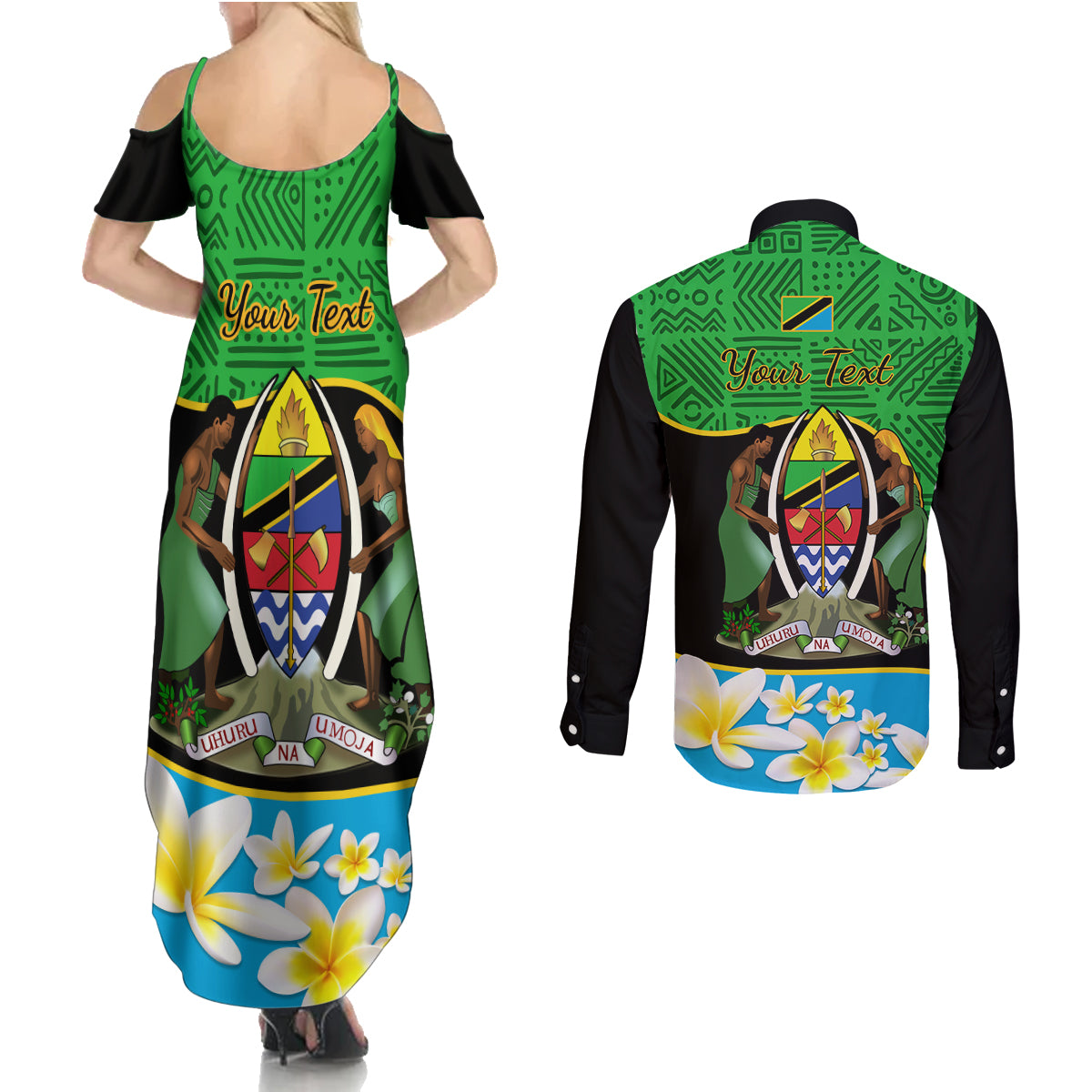 Personalised Tanzania Independence Day Couples Matching Summer Maxi Dress and Long Sleeve Button Shirt Heri ya Siku ya Uhuru African Pattern - Wonder Print Shop
