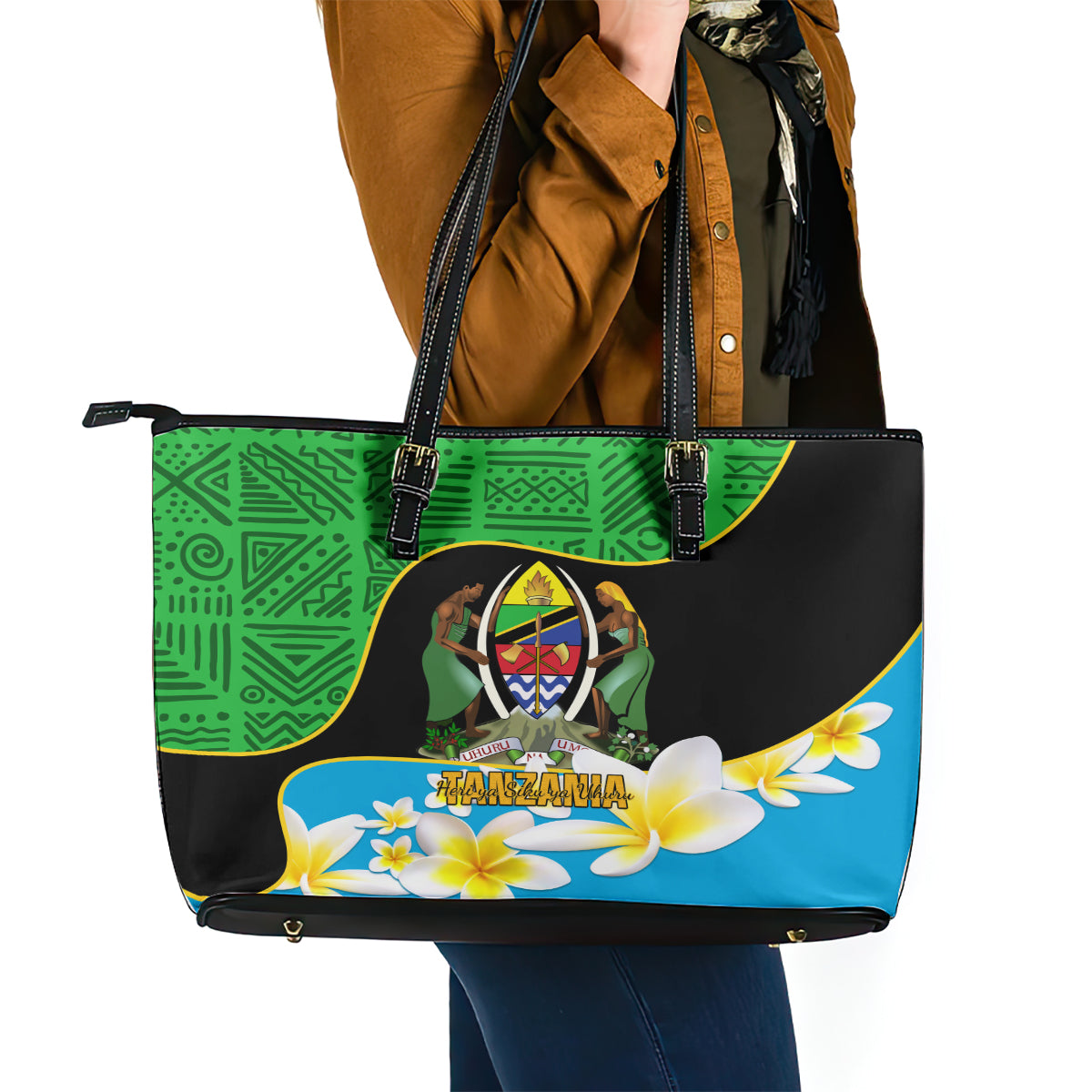 Personalised Tanzania Independence Day Leather Tote Bag Heri ya Siku ya Uhuru African Pattern - Wonder Print Shop