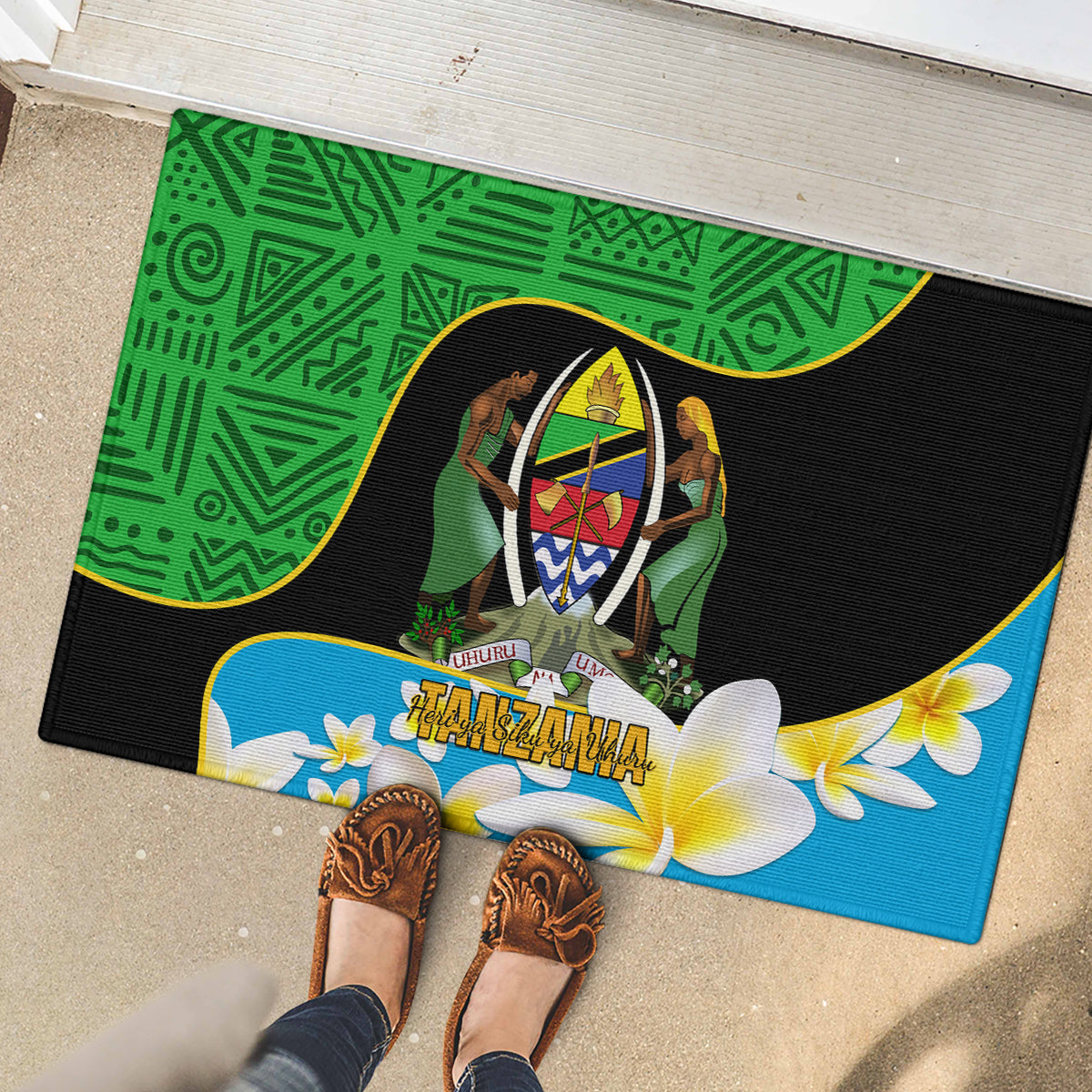 Personalised Tanzania Independence Day Rubber Doormat Heri ya Siku ya Uhuru African Pattern - Wonder Print Shop