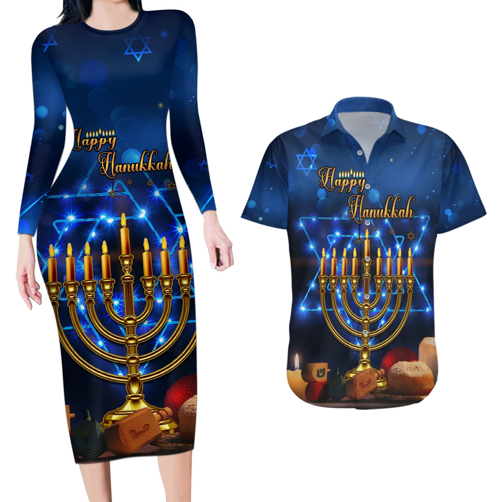 Personalised Hanukkah Couples Matching Long Sleeve Bodycon Dress and Hawaiian Shirt Menorah Happy Jewish Holiday - Wonder Print Shop