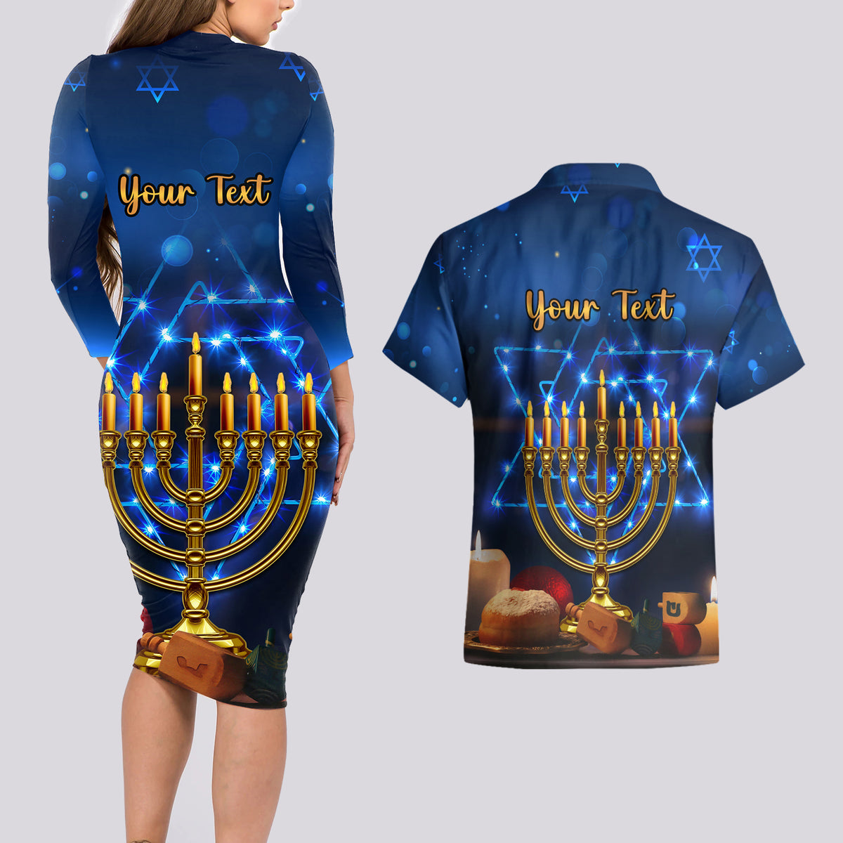 Personalised Hanukkah Couples Matching Long Sleeve Bodycon Dress and Hawaiian Shirt Menorah Happy Jewish Holiday - Wonder Print Shop