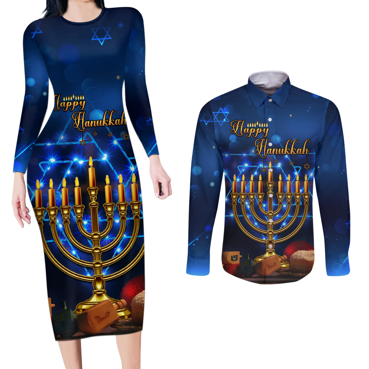 Personalised Hanukkah Couples Matching Long Sleeve Bodycon Dress and Long Sleeve Button Shirt Menorah Happy Jewish Holiday - Wonder Print Shop