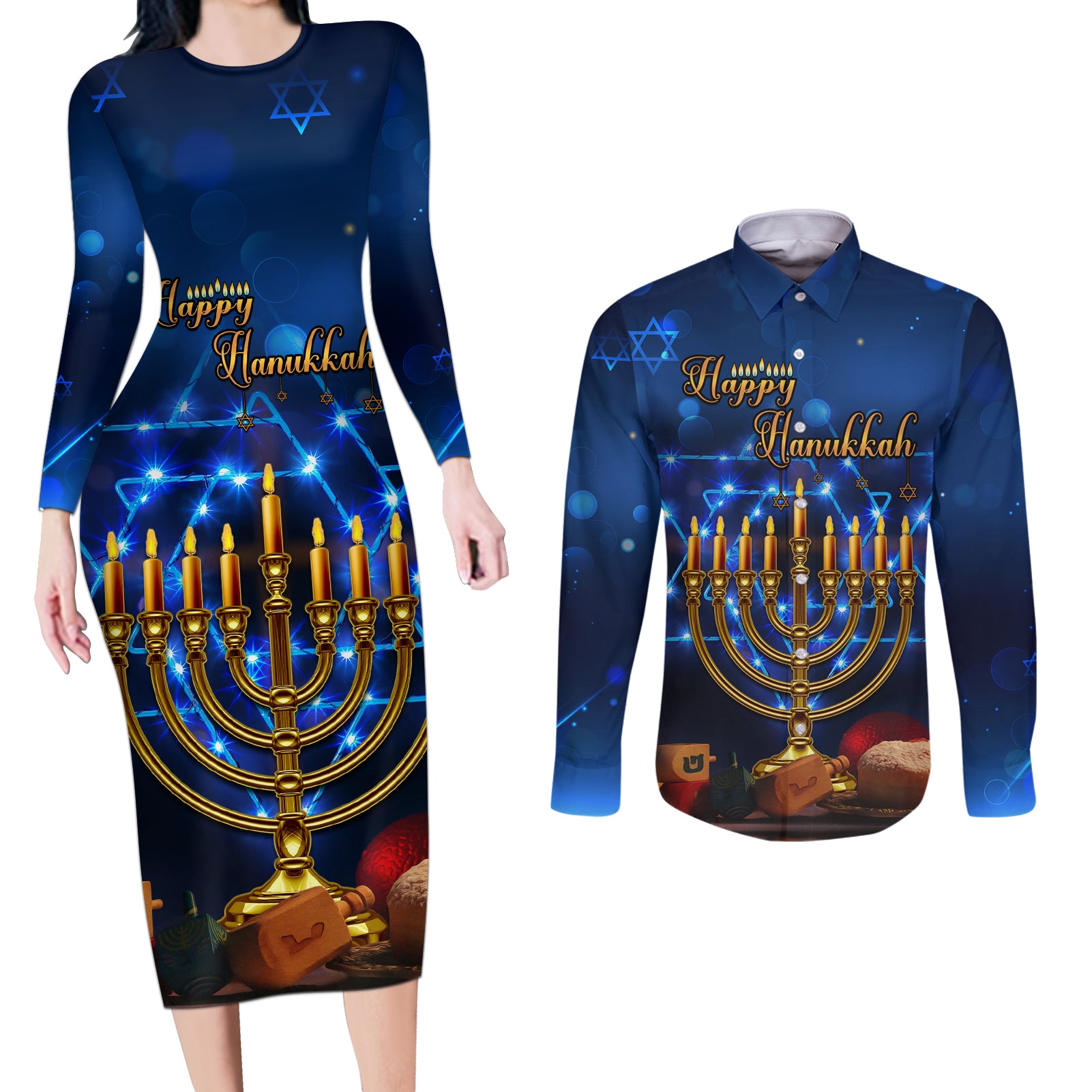 Personalised Hanukkah Couples Matching Long Sleeve Bodycon Dress and Long Sleeve Button Shirt Menorah Happy Jewish Holiday - Wonder Print Shop