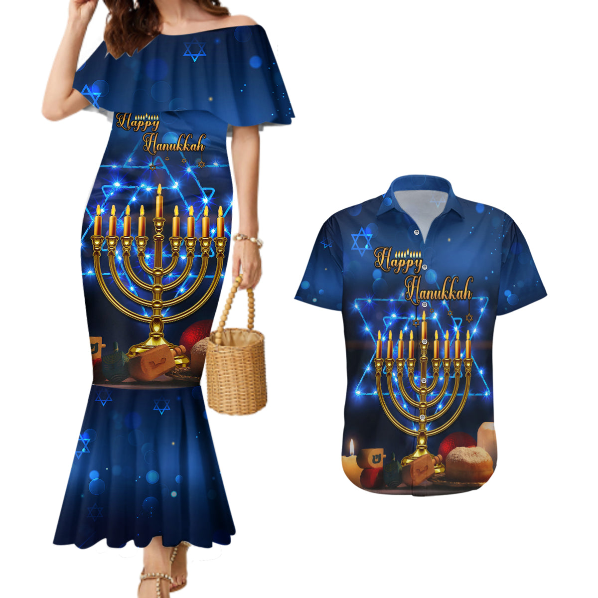 Personalised Hanukkah Couples Matching Mermaid Dress and Hawaiian Shirt Menorah Happy Jewish Holiday - Wonder Print Shop