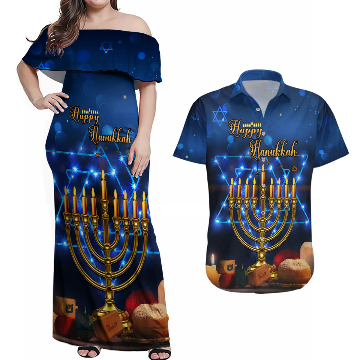 Personalised Hanukkah Couples Matching Off Shoulder Maxi Dress and Hawaiian Shirt Menorah Happy Jewish Holiday - Wonder Print Shop