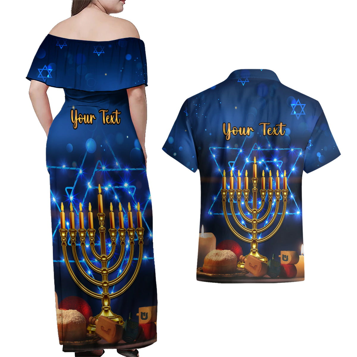 Personalised Hanukkah Couples Matching Off Shoulder Maxi Dress and Hawaiian Shirt Menorah Happy Jewish Holiday - Wonder Print Shop