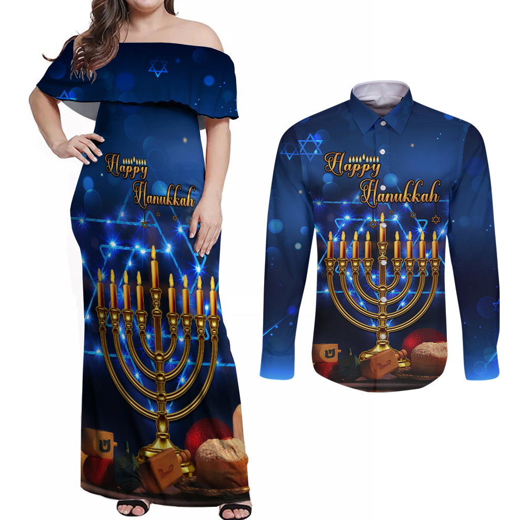 Personalised Hanukkah Couples Matching Off Shoulder Maxi Dress and Long Sleeve Button Shirt Menorah Happy Jewish Holiday - Wonder Print Shop