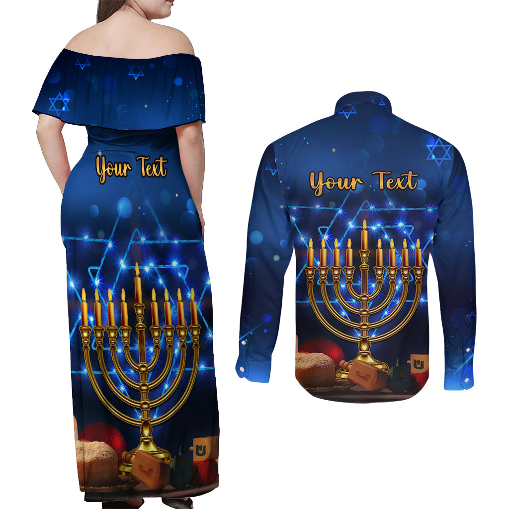 Personalised Hanukkah Couples Matching Off Shoulder Maxi Dress and Long Sleeve Button Shirt Menorah Happy Jewish Holiday - Wonder Print Shop