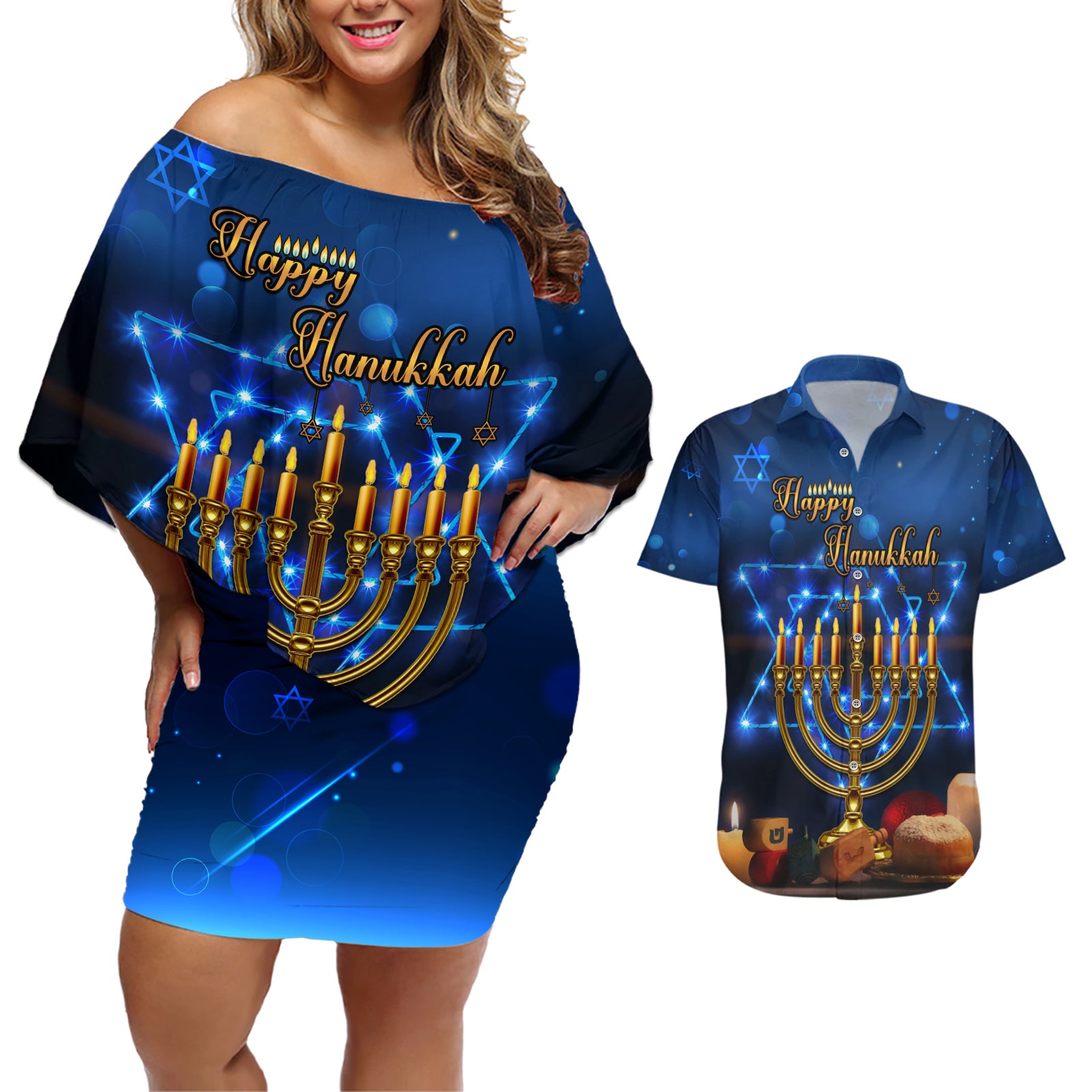 Personalised Hanukkah Couples Matching Off Shoulder Short Dress and Hawaiian Shirt Menorah Happy Jewish Holiday - Wonder Print Shop
